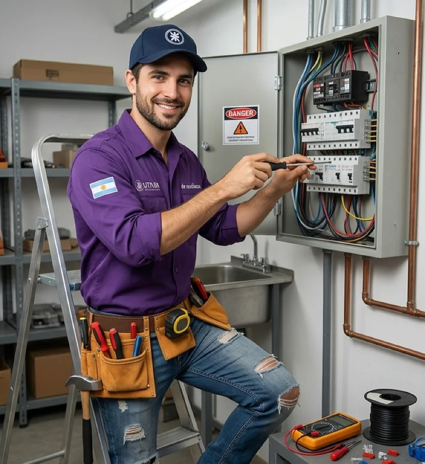 Electricista con camisa violeta parado en una escalera, ajustando con un destornillador las térmicas de un tablero eléctrico abierto.